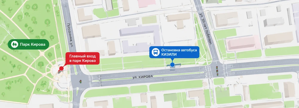 Карта места встречи рядом с парком Кирова и остановки автобуса у Удмуртского ГАУ